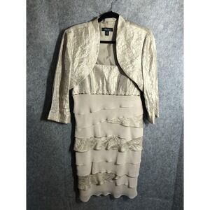 S.L. Fashions Dress Womens 16 Gold Chiffon Tiered Ruffle Sheath Midi Jacket